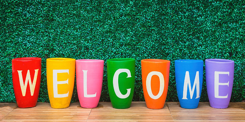 the word 'WELCOME' spelled out on individual coloured plant pots in front of a hedge